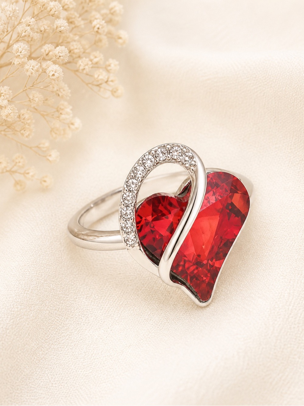 Austrian Red Crystal Heart Ring Silvertone White Accent Romantic Statement Ring